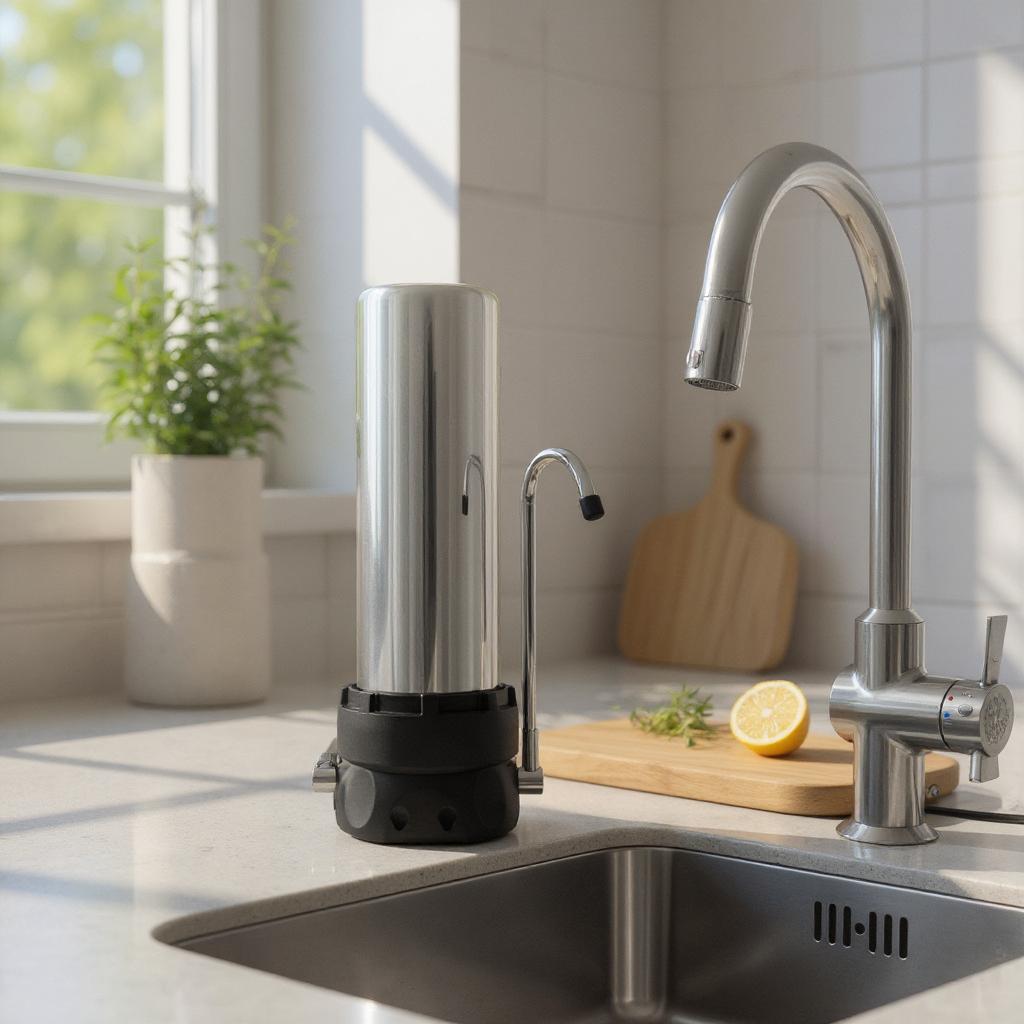 " alt="Filtre eau robinet inox et robinetterie d’évier en inox dans une cuisine lumineuse avec planche à découper et citron."